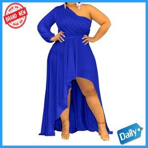 Plus Size One Shoulder Maxi Dress Long Sleeve High Low Hem Formal